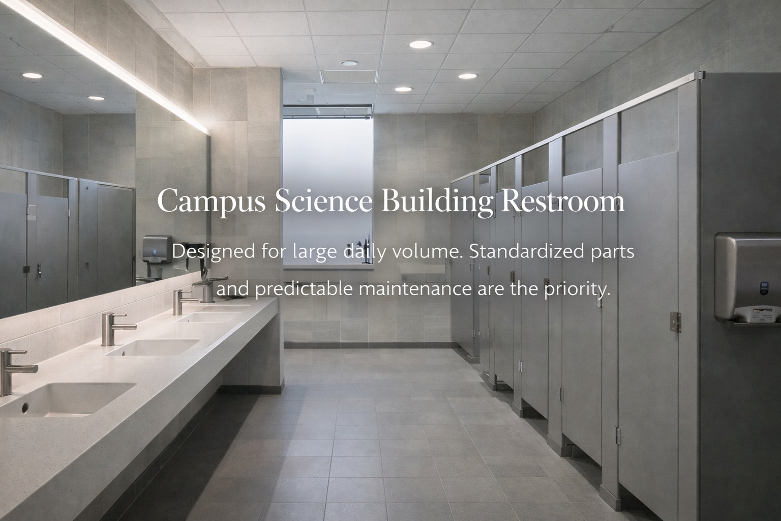 Campus science building restroom concept with touchless fixtures